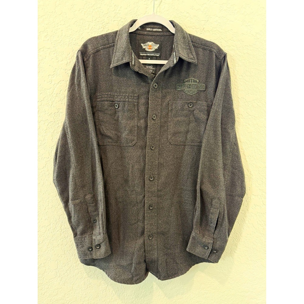 Harley-Davidson Men's S Gray Long Sleeve Button-Up Flannel Shirt Logo Pockets